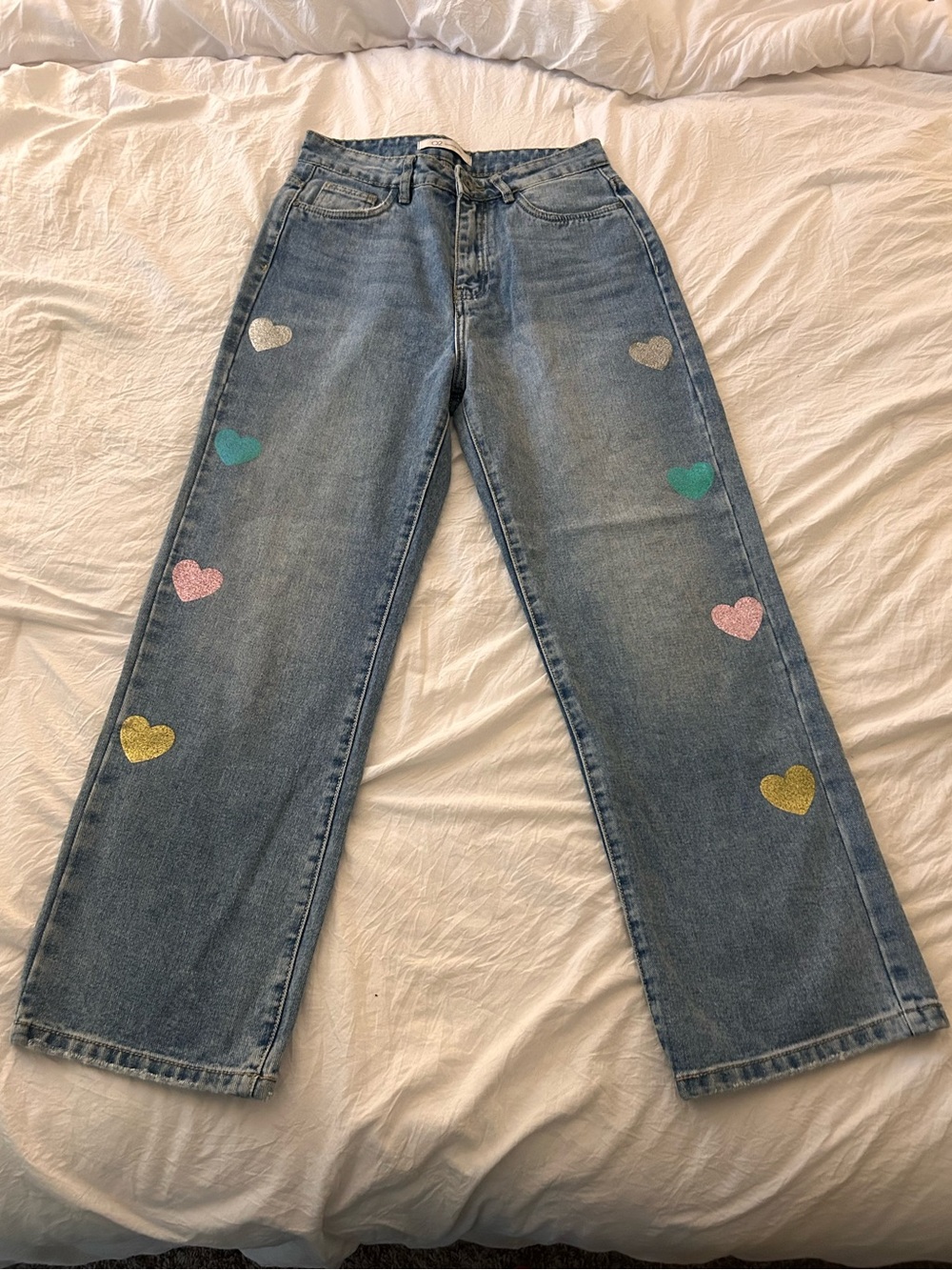 Q2 Straight Leg Light Blue Jeans with Pastel Heart Appliqués